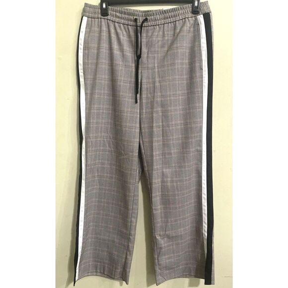 Nine West Pants Size L High-Rise Wide Leg Plaid Side Stripe Pull-On Drawstring - Picture 1 of 11